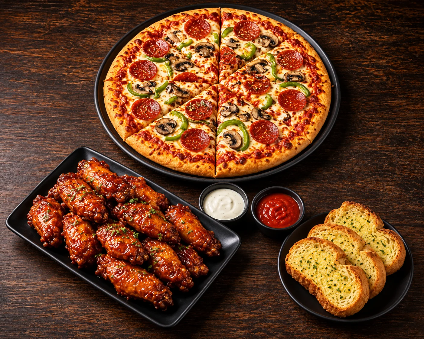 Complete pizza, sauced chicken wings, garlic bread and dipping sauces