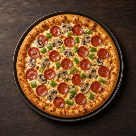 Whole pizza with pepperoni, mushrooms and green peppers
