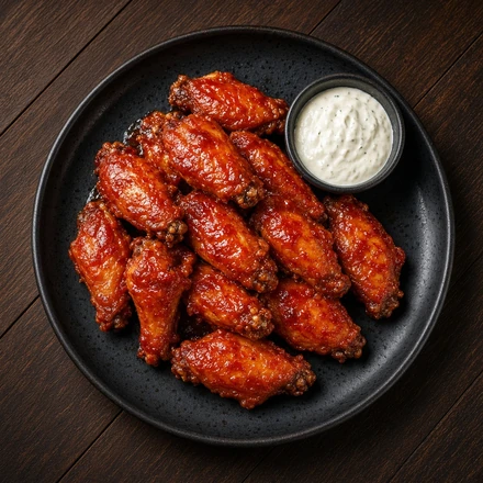 Sauced chicken wings on a ceramic platter
