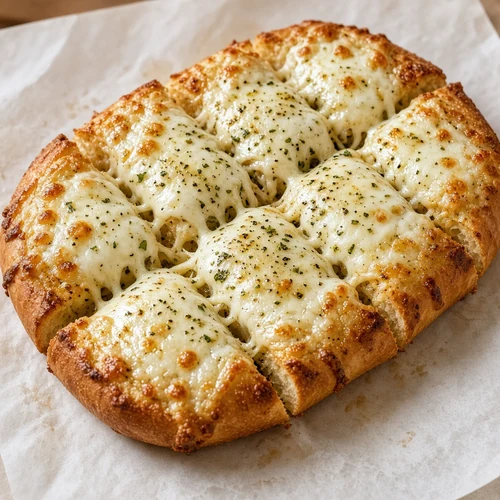 Cheesy garlic bread cut into strips from Super Torino's in Stoney Creek