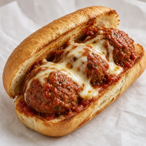 Meatball sub with tomato sauce and melted cheese from Super Torino's in Stoney Creek