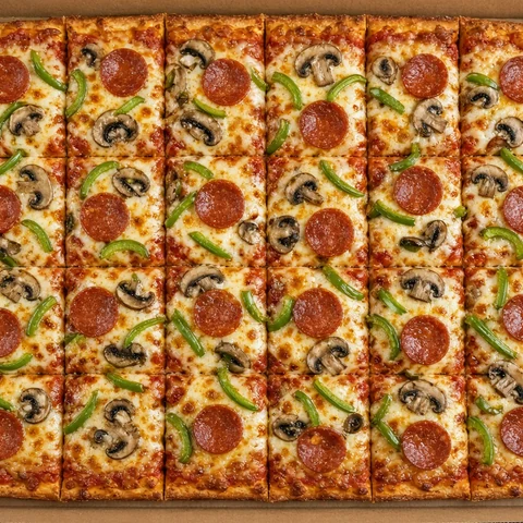 Rectangular slab pizza cut into 24 party slices from Super Torino's in Stoney Creek