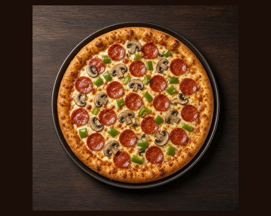 Whole pizza with pepperoni, mushrooms and green peppers