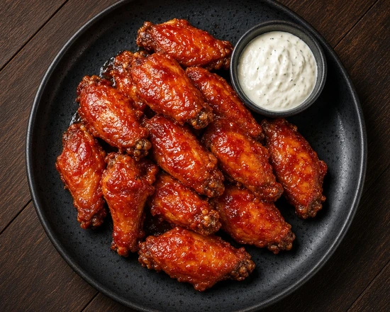 Sauced chicken wings on a ceramic platter