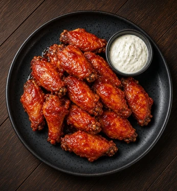 Sauced chicken wings on a ceramic platter