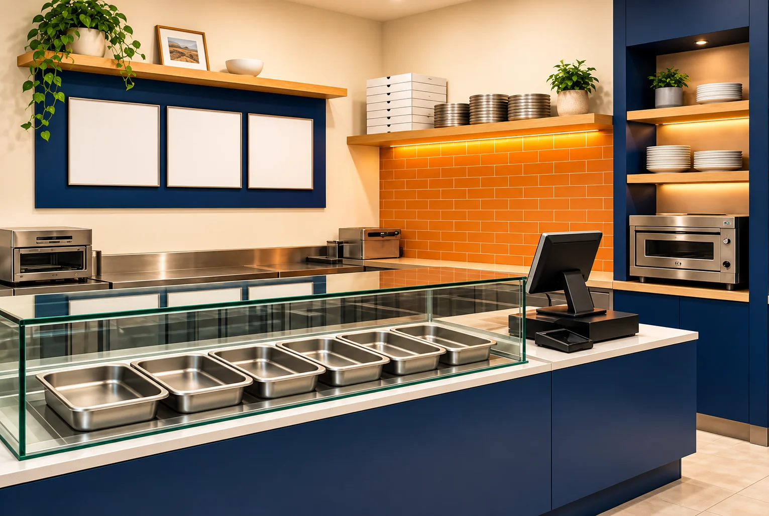 Clean family pizza-shop service counter